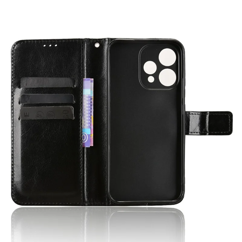 PU Leather Case For Oppo Reno15c 5G  /  Reno15 5G with Strap Crazy Horse Texture Phone Wallet Cover - Black