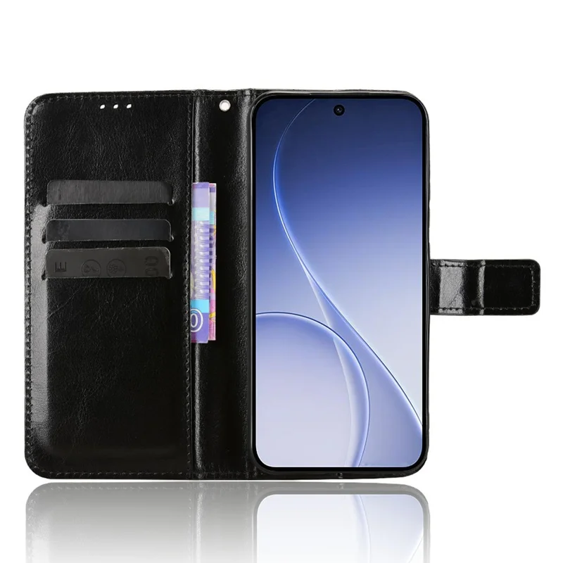 PU Leather Case For Oppo Reno15c 5G  /  Reno15 5G with Strap Crazy Horse Texture Phone Wallet Cover - Black