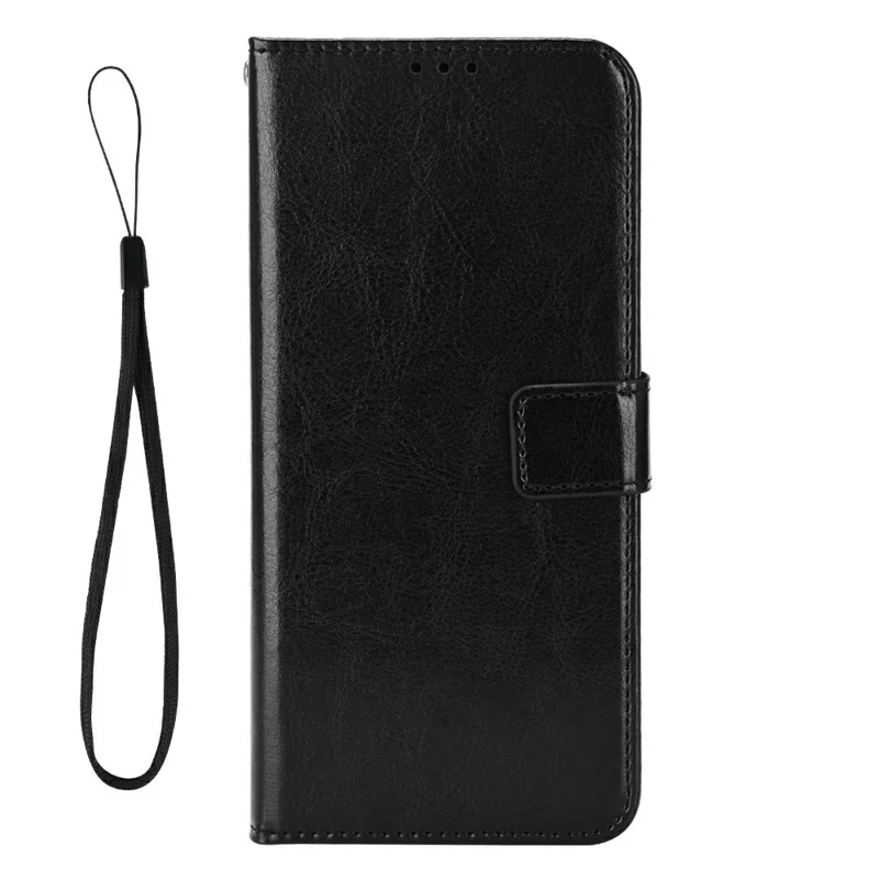 PU Leather Case For Oppo Reno15c 5G  /  Reno15 5G with Strap Crazy Horse Texture Phone Wallet Cover - Black