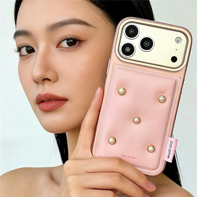 CICI-CITY For iPhone 17 Pro Max Case IMD Metallic Matte PU + TPU + PC Phone Cover Luxury Pearl Decorated - Pink