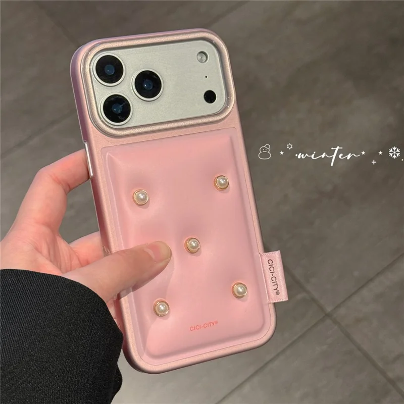 CICI-CITY For iPhone 17 Pro Max Case IMD Metallic Matte PU + TPU + PC Phone Cover Luxury Pearl Decorated - Pink