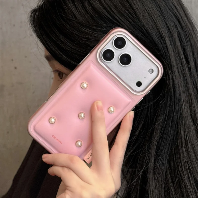 CICI-CITY For iPhone 17 Pro Max Case IMD Metallic Matte PU + TPU + PC Phone Cover Luxury Pearl Decorated - Pink