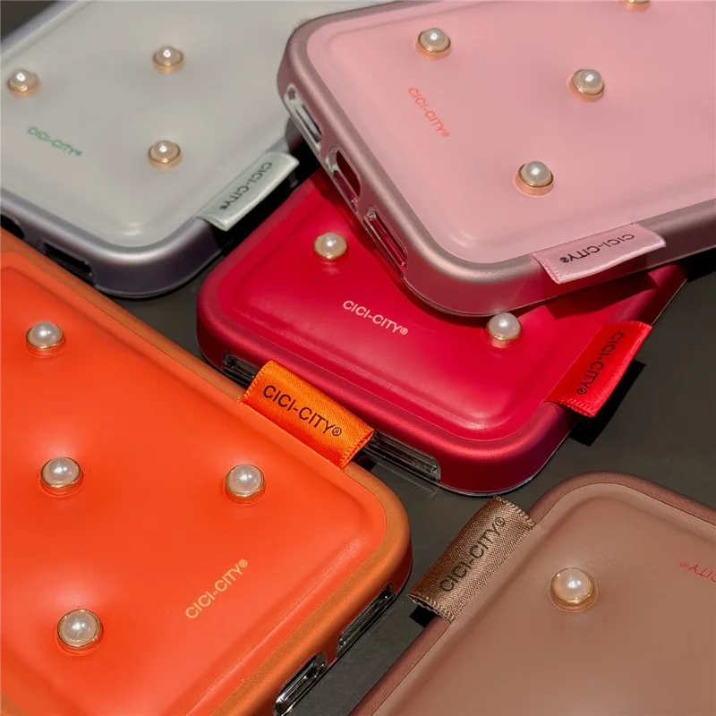 CICI-CITY For iPhone 17 Pro Max Case IMD Metallic Matte PU + TPU + PC Phone Cover Luxury Pearl Decorated - Pink