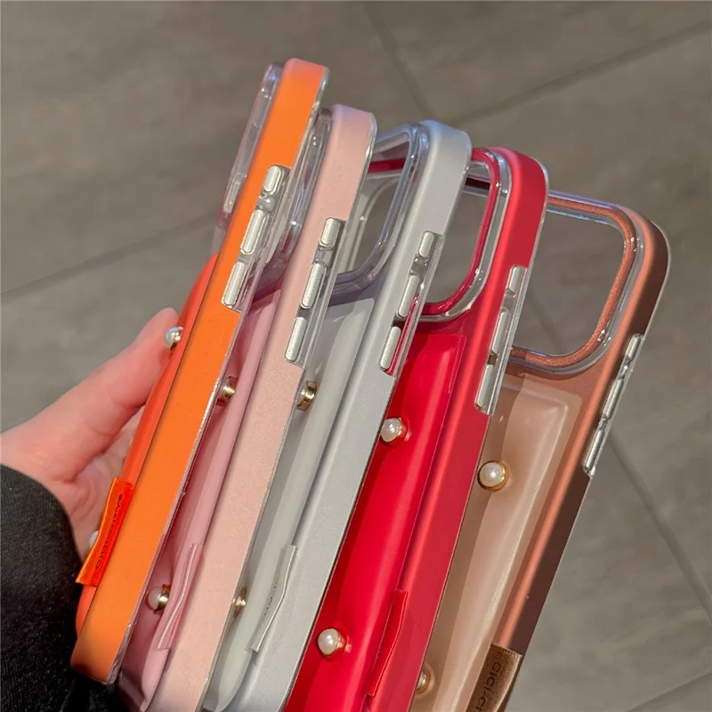 CICI-CITY For iPhone 17 Pro Max Case IMD Metallic Matte PU + TPU + PC Phone Cover Luxury Pearl Decorated - Pink