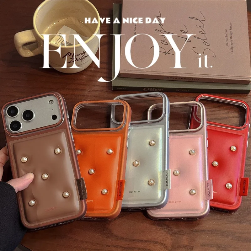 CICI-CITY For iPhone 17 Pro Max Case IMD Metallic Matte PU + TPU + PC Phone Cover Luxury Pearl Decorated - Pink