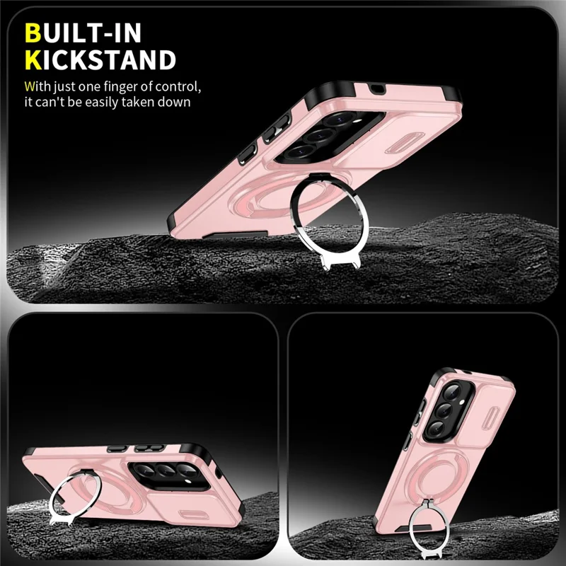 For Samsung Galaxy S26 Magnetic Case with Screen Film / Slide Lens Cover / Kickstand TPU + PC Phone Shell - Pink