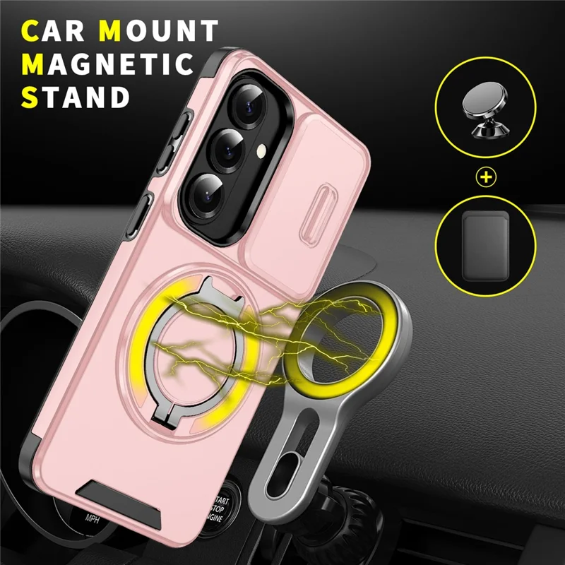 For Samsung Galaxy S26 Magnetic Case with Screen Film / Slide Lens Cover / Kickstand TPU + PC Phone Shell - Pink