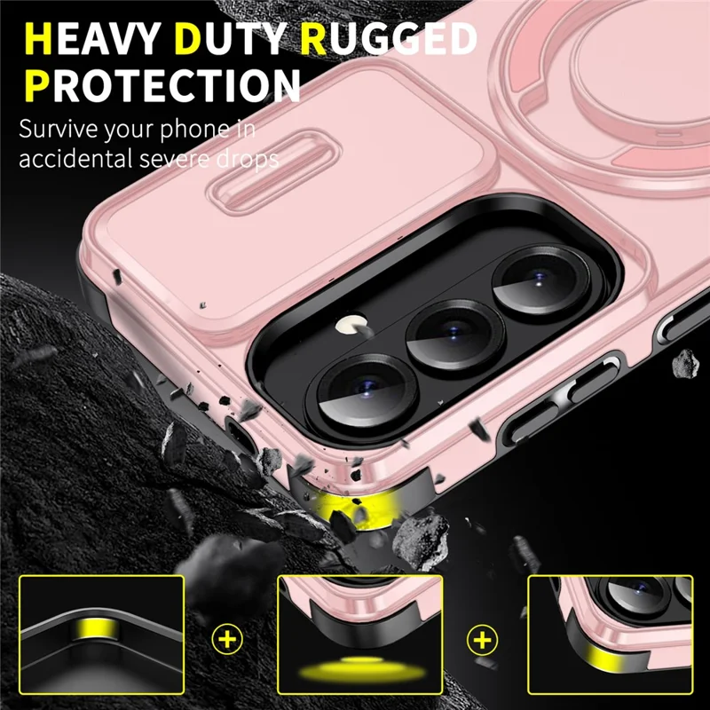 For Samsung Galaxy S26 Magnetic Case with Screen Film / Slide Lens Cover / Kickstand TPU + PC Phone Shell - Pink