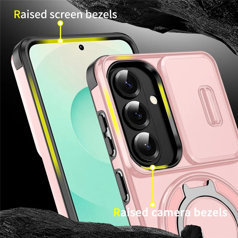 For Samsung Galaxy S26 Magnetic Case with Screen Film / Slide Lens Cover / Kickstand TPU + PC Phone Shell - Pink