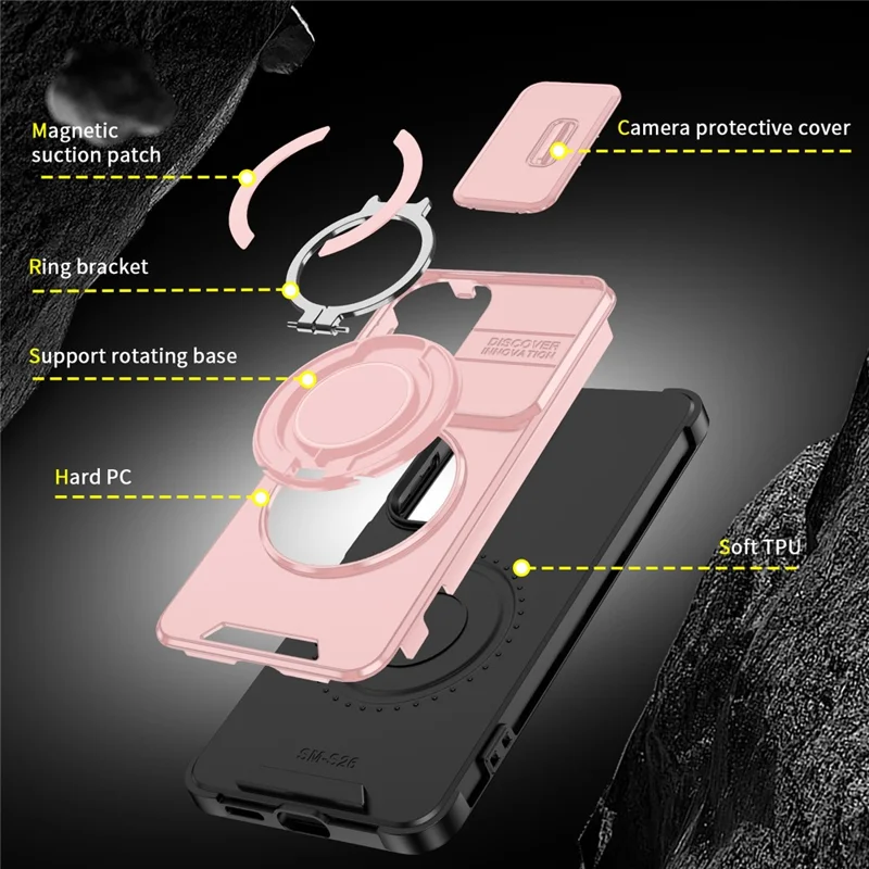 For Samsung Galaxy S26 Magnetic Case with Screen Film / Slide Lens Cover / Kickstand TPU + PC Phone Shell - Pink