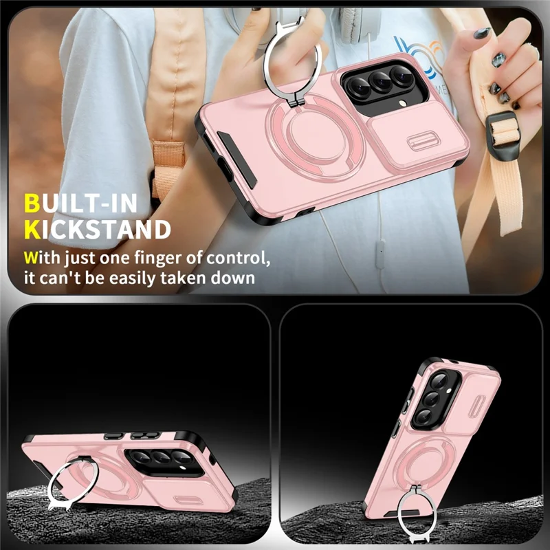 For Samsung Galaxy S26 Magnetic Case with Screen Film / Slide Lens Cover / Kickstand TPU + PC Phone Shell - Pink