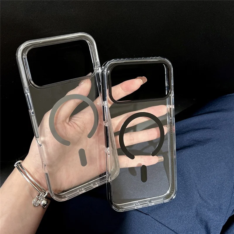 For iPhone 17 Pro Max Magnetic Case TPU PC Clear Phone Cover with Metal Buttons - Pink