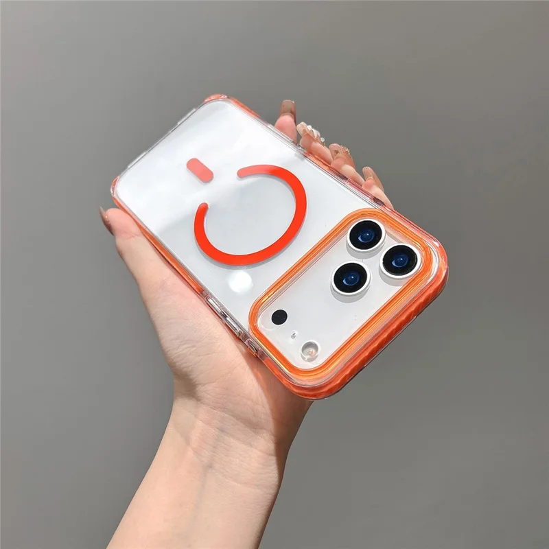 For iPhone 17 Pro Magnetic Case TPU PC Clear Phone Cover with Metal Buttons - Orange