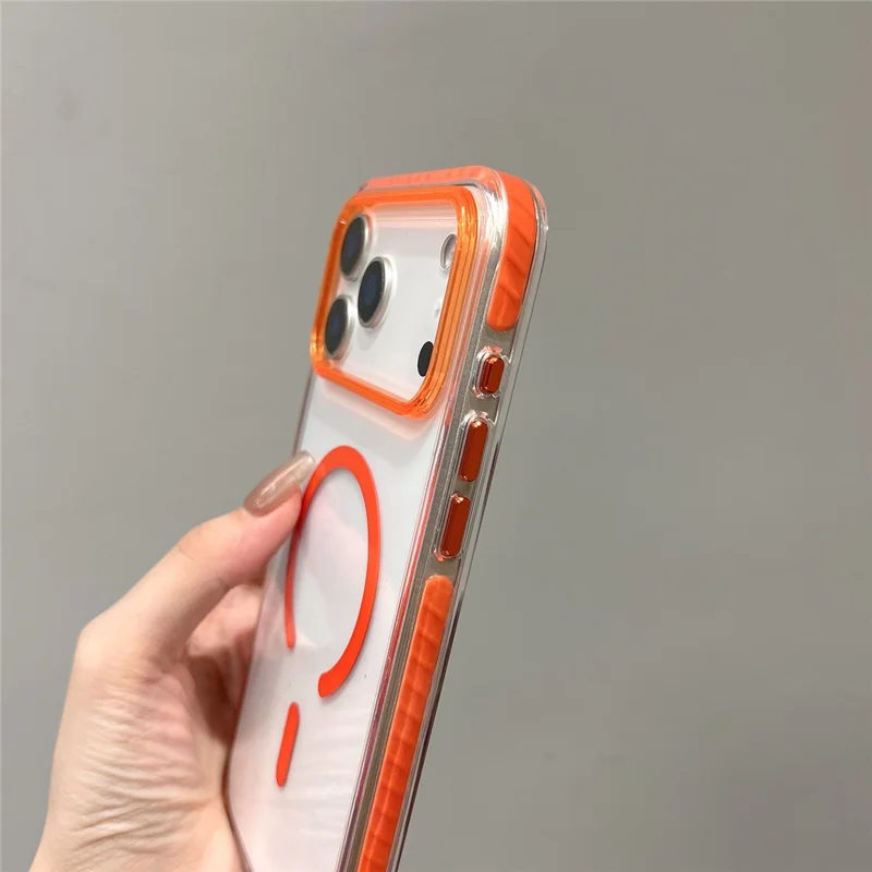 For iPhone 17 Pro Magnetic Case TPU PC Clear Phone Cover with Metal Buttons - Orange