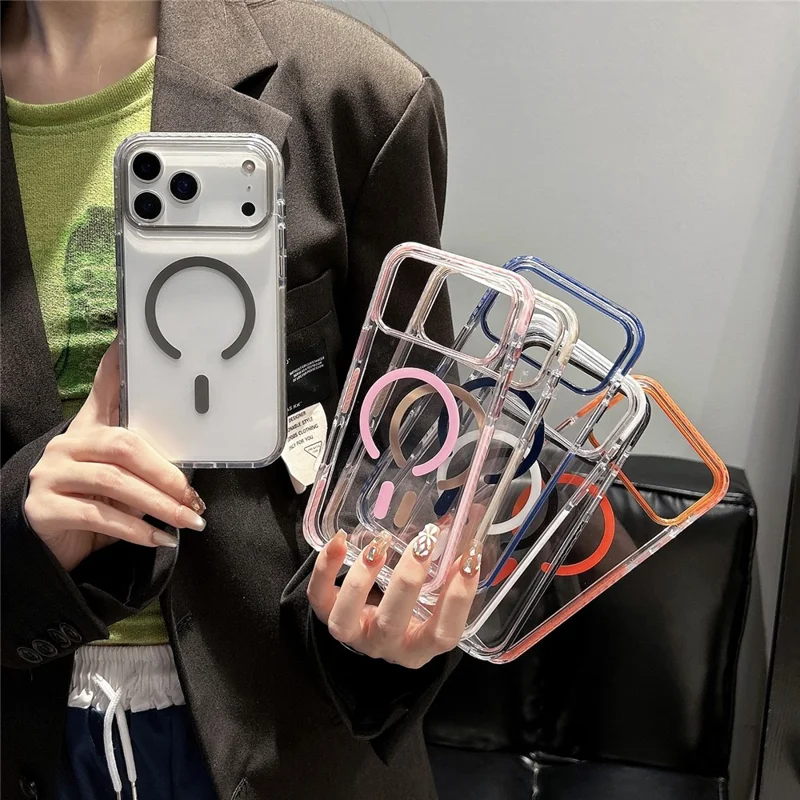 For iPhone 17 Pro Magnetic Case TPU PC Clear Phone Cover with Metal Buttons - Orange