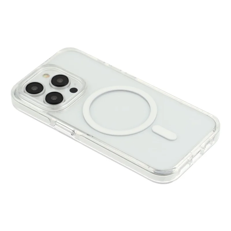 For iPhone 15 Pro Max Magnetic Case TPU PC Clear Phone Cover with Metal Buttons - White