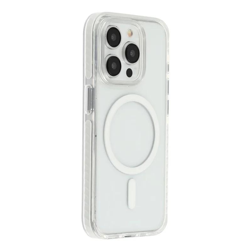 For iPhone 15 Pro Magnetic Case TPU PC Clear Phone Cover with Metal Buttons - White
