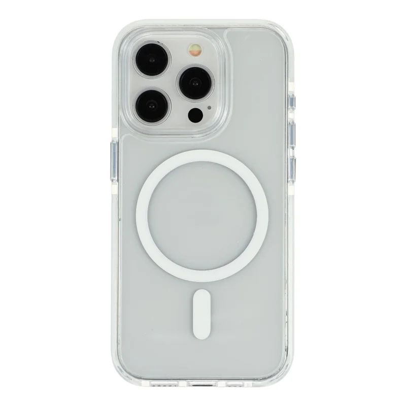 For iPhone 15 Pro Magnetic Case TPU PC Clear Phone Cover with Metal Buttons - White