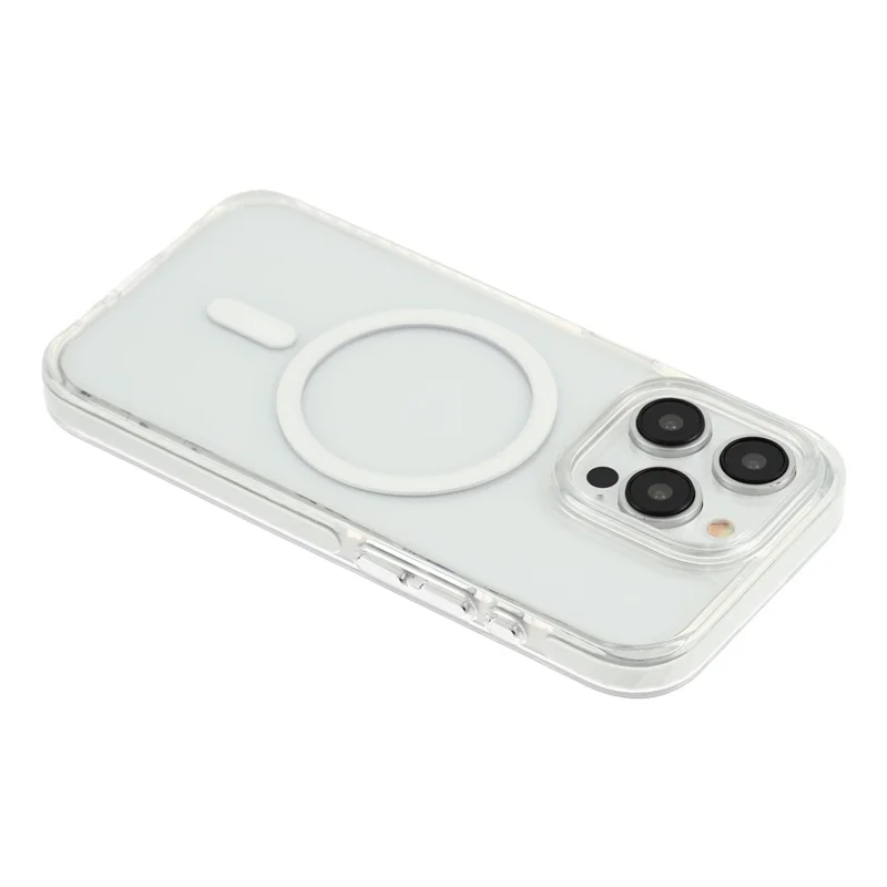 For iPhone 15 Pro Magnetic Case TPU PC Clear Phone Cover with Metal Buttons - White