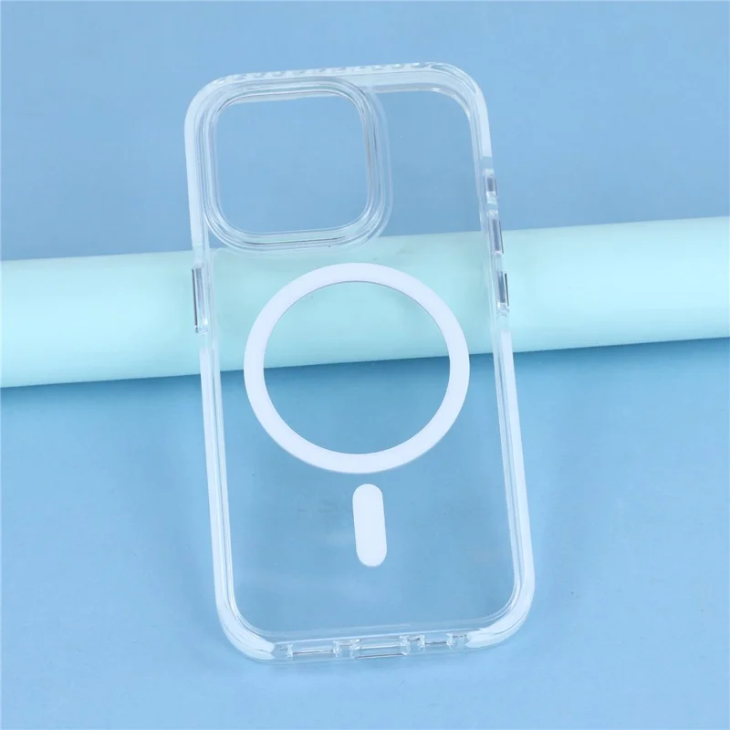 For iPhone 15 Pro Magnetic Case TPU PC Clear Phone Cover with Metal Buttons - White