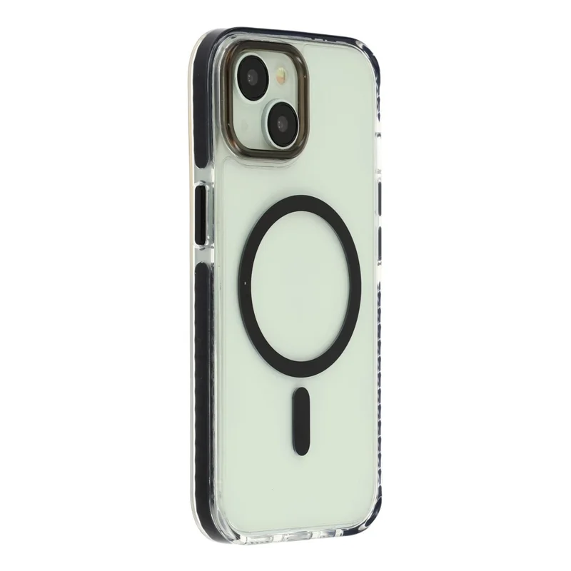 For iPhone 15 Magnetic Case TPU PC Clear Phone Cover with Metal Buttons - Black
