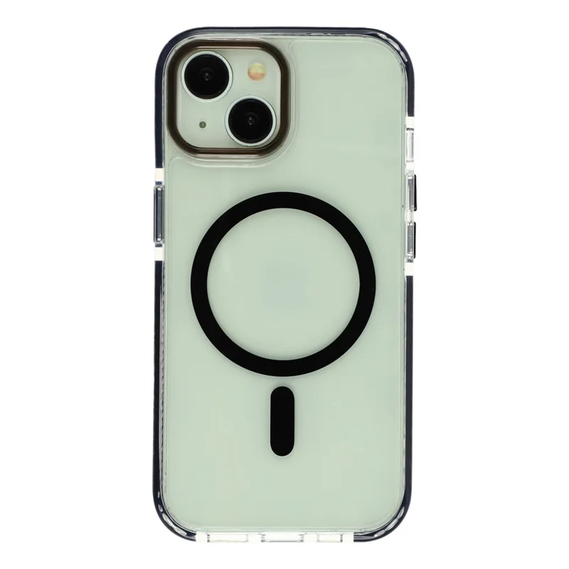 For iPhone 15 Magnetic Case TPU PC Clear Phone Cover with Metal Buttons - Black