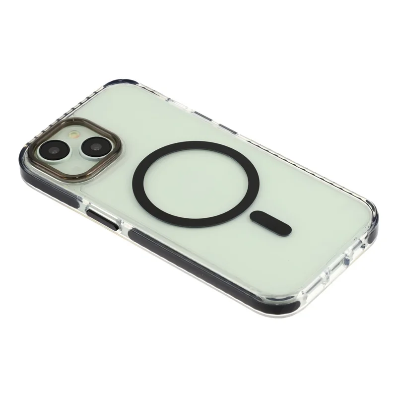 For iPhone 15 Magnetic Case TPU PC Clear Phone Cover with Metal Buttons - Black