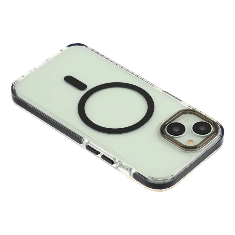 For iPhone 15 Magnetic Case TPU PC Clear Phone Cover with Metal Buttons - Black