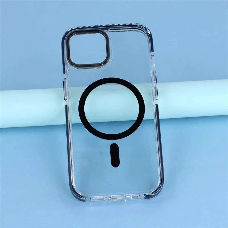 For iPhone 15 Magnetic Case TPU PC Clear Phone Cover with Metal Buttons - Black