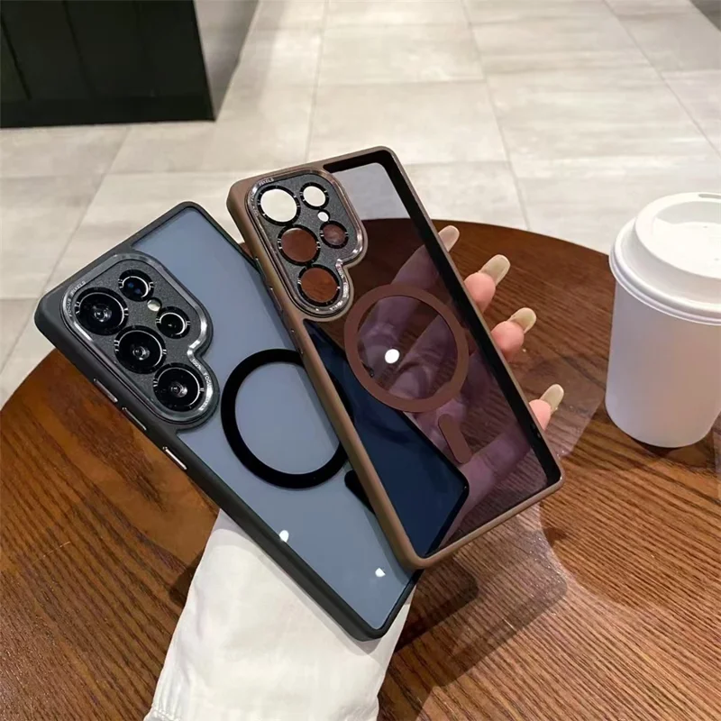 For Samsung Galaxy S24 Ultra Magnetic Case TPU + Acrylic Hybrid Phone Shell - Brown