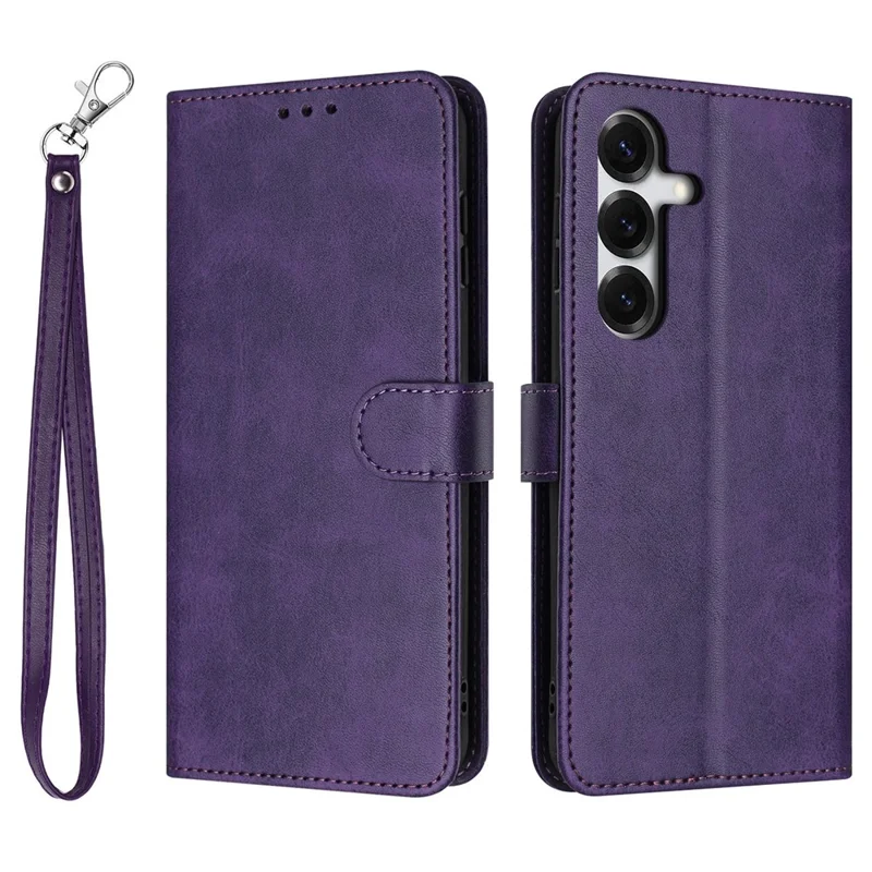 For Samsung Galaxy S26+ Wallet Case Flip Stand Calf Texture PU Leather Phone Cover with Strap - Purple