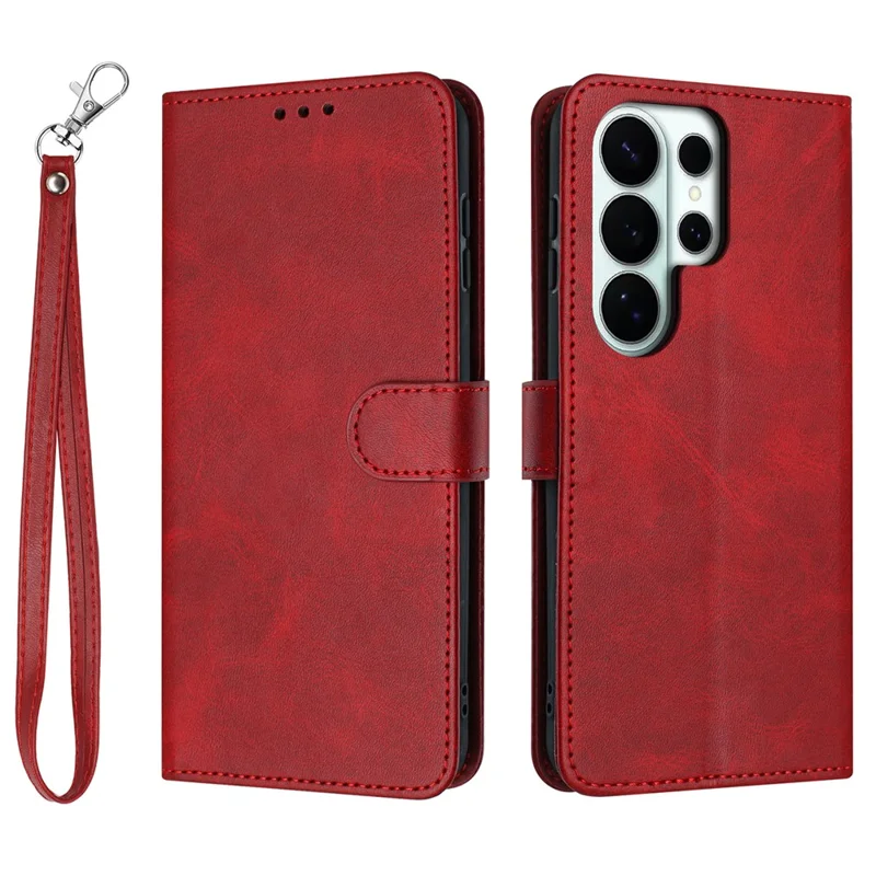 For Samsung Galaxy S26 Ultra Wallet Case Flip Stand Calf Texture PU Leather Phone Cover with Strap - Red