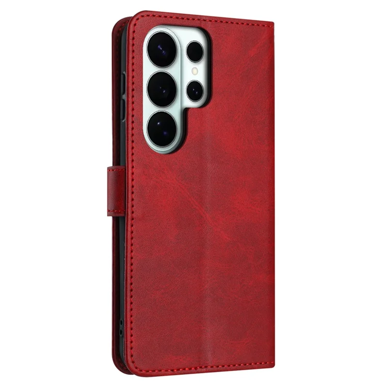 For Samsung Galaxy S26 Ultra Wallet Case Flip Stand Calf Texture PU Leather Phone Cover with Strap - Red