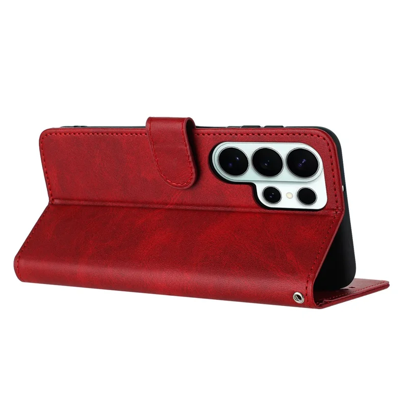 For Samsung Galaxy S26 Ultra Wallet Case Flip Stand Calf Texture PU Leather Phone Cover with Strap - Red
