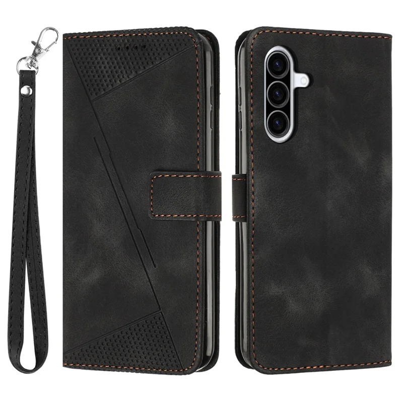 For Samsung Galaxy A57 5G Leather Case Imprinted Triangle Phone Cover with Hand Strap - Black