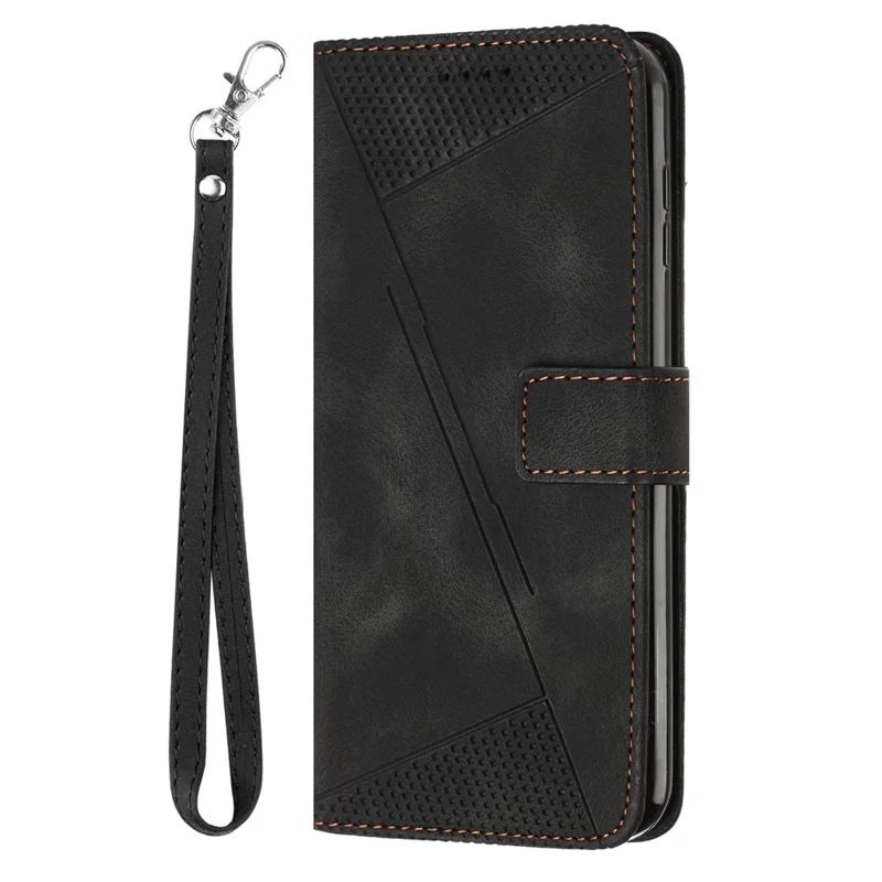 For Samsung Galaxy A57 5G Leather Case Imprinted Triangle Phone Cover with Hand Strap - Black