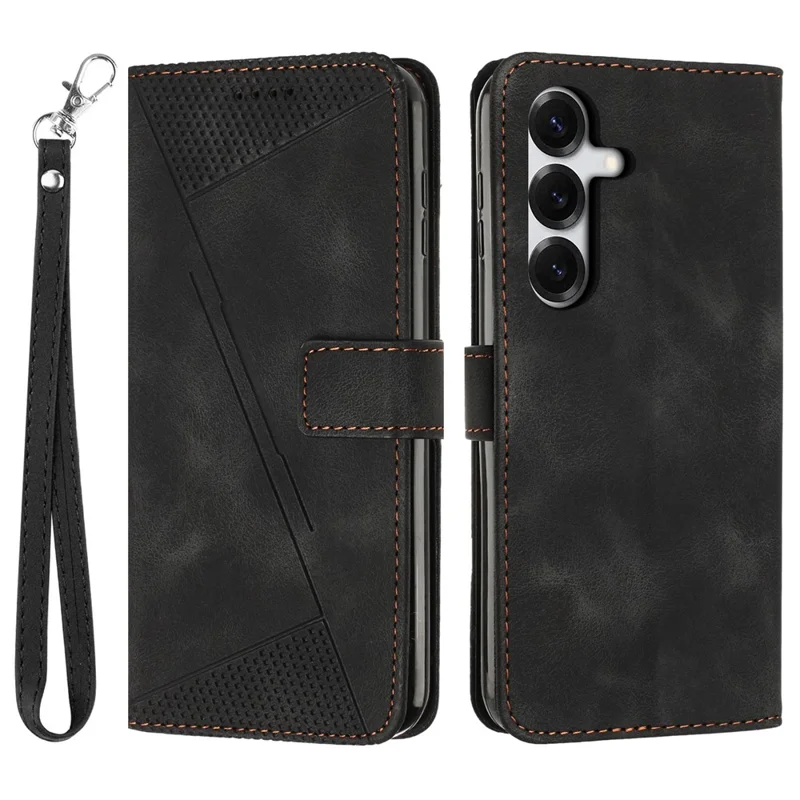 Leather Case For Samsung Galaxy S26  /  S26 Pro Imprinted Triangle Phone Cover with Hand Strap - Black