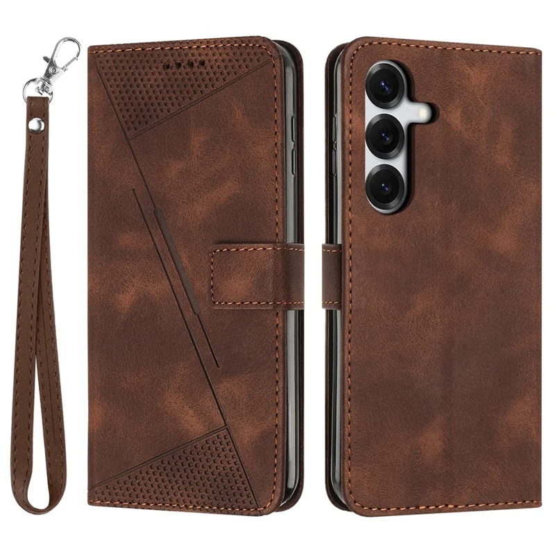 For Samsung Galaxy S26+ Leather Case Imprinted Triangle Phone Cover with Hand Strap - Brown
