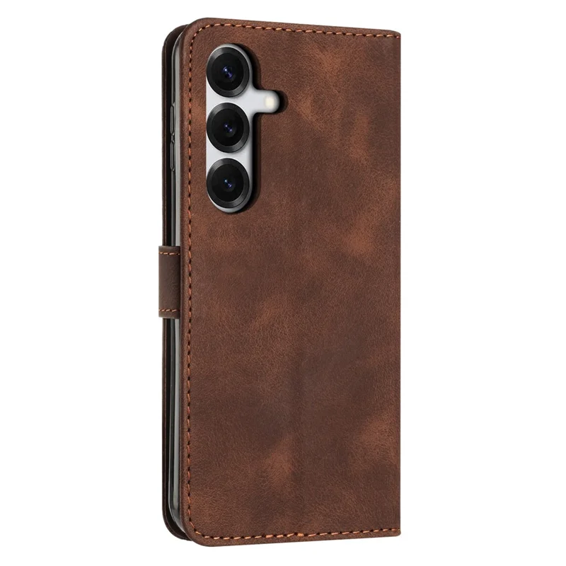 For Samsung Galaxy S26+ Leather Case Imprinted Triangle Phone Cover with Hand Strap - Brown