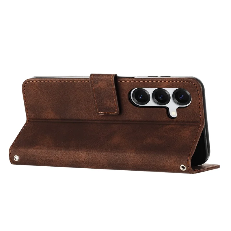 For Samsung Galaxy S26+ Leather Case Imprinted Triangle Phone Cover with Hand Strap - Brown