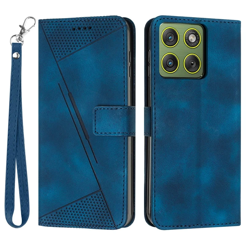 For Motorola Edge 70 5G Leather Case Imprinted Triangle Phone Cover with Hand Strap - Blue