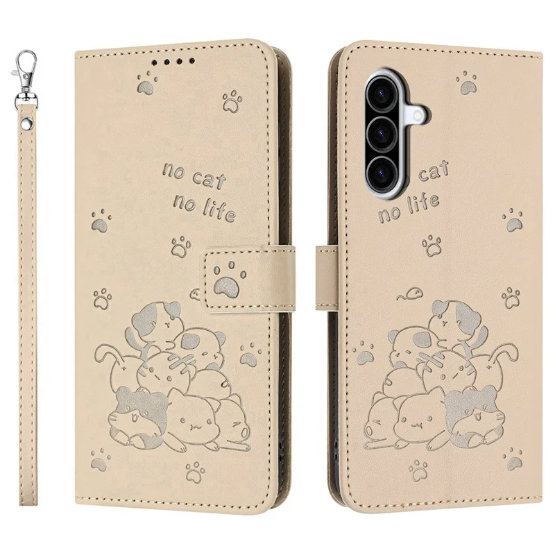 For Samsung Galaxy A57 Wallet Case Cats Imprint Leather Phone Cover with Strap - Beige