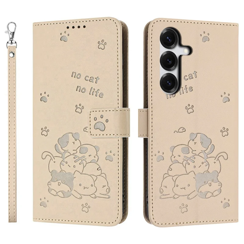 Wallet Case For Samsung Galaxy S26  /  S26 Pro Cats Imprint Leather Phone Cover with Strap - Beige