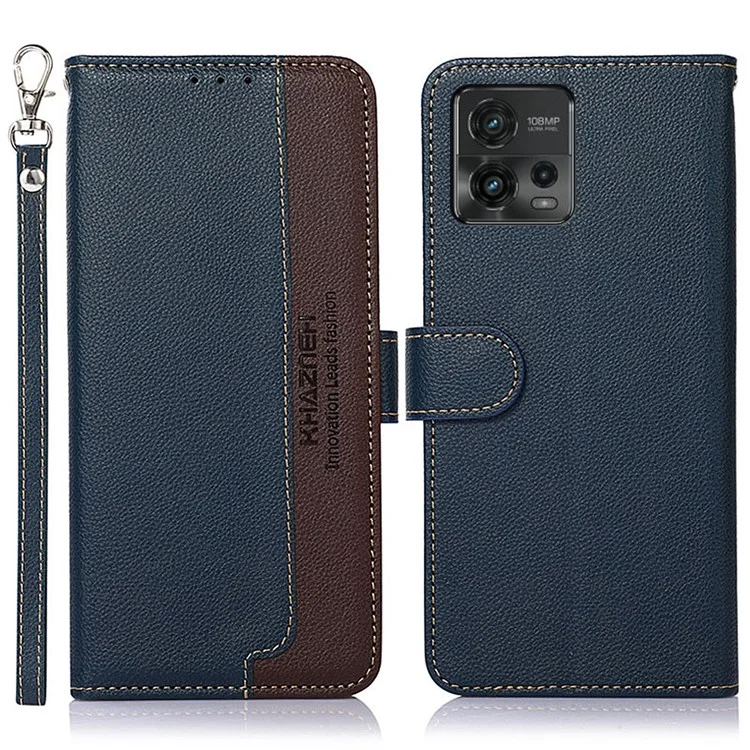 KHAZNEH For Motorola Moto G72 4G Litchi Texture Stand Wallet Phone Case RFID Blocking PU Leather TPU Cover - Blue