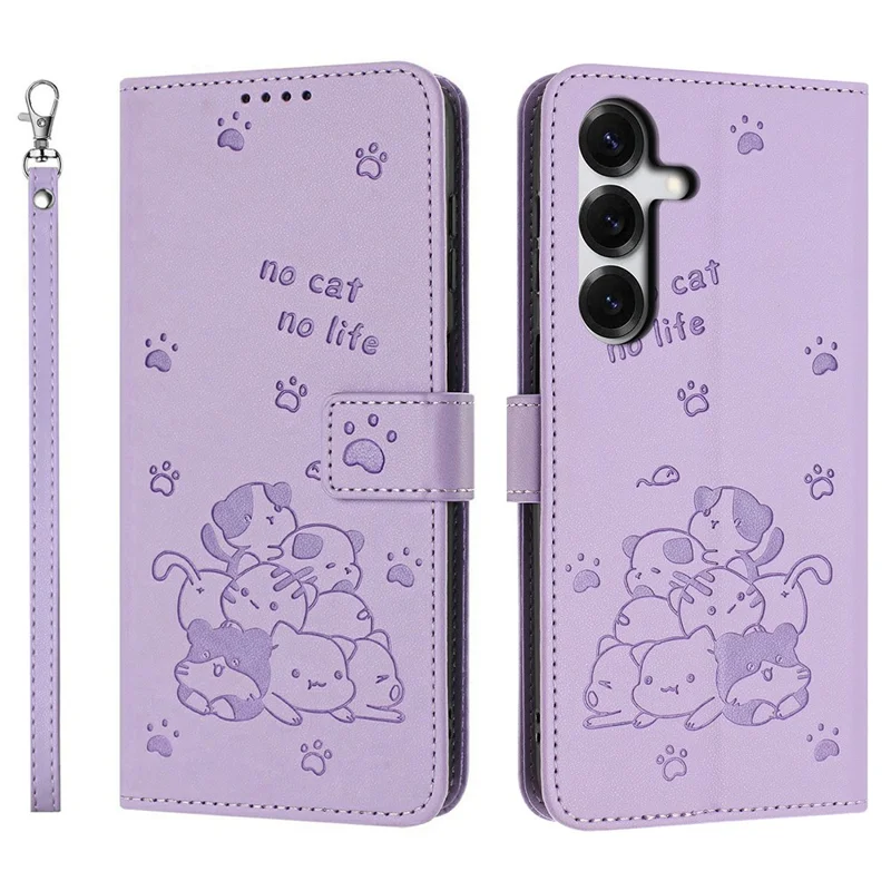 For Samsung Galaxy S26+ Wallet Case Cats Imprint Leather Phone Cover with Strap - Purple