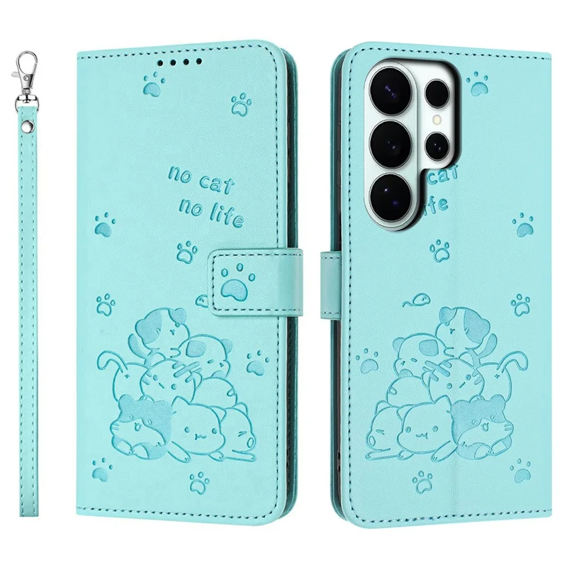 For Samsung Galaxy S26 Ultra Wallet Case Cats Imprint Leather Phone Cover with Strap - Green