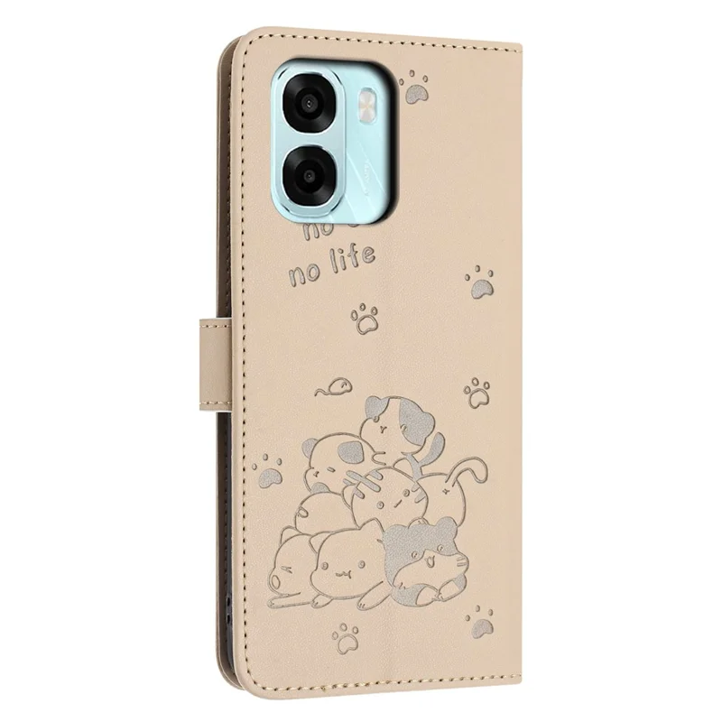Wallet Case For Oppo A6x 5G  /  A6 5G  /  A6x 4G Cats Imprint Leather Phone Cover with Strap - Beige