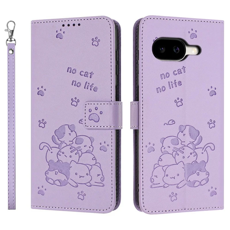 For Google Pixel 10a Wallet Case Cats Imprint Leather Phone Cover with Strap - Purple