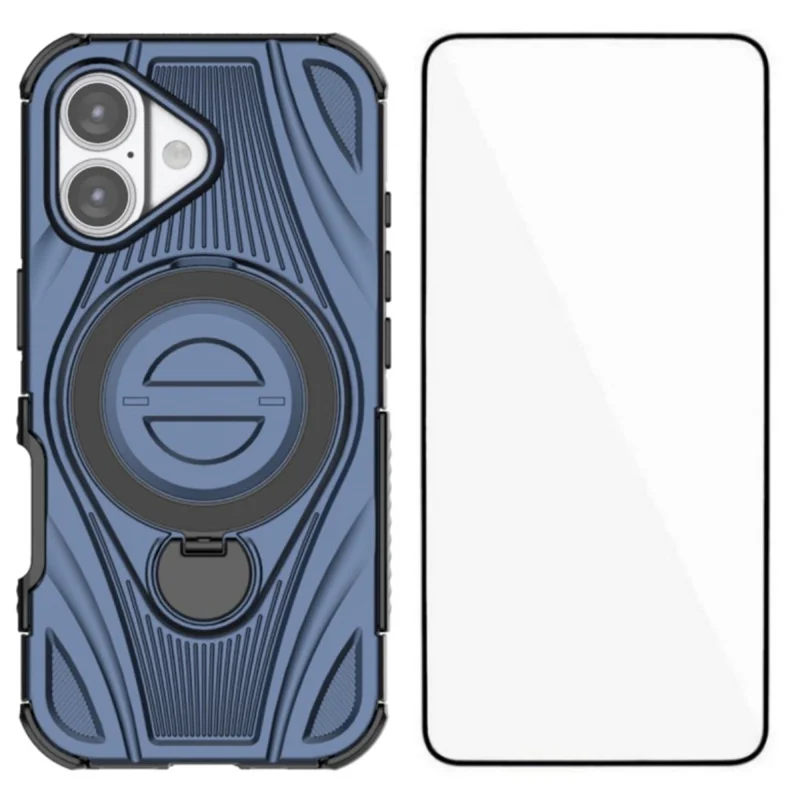 WANLONFENG XH Series For iPhone 17 Kickstand Case with Screen Film, Drop Proof PC TPU Phone Cover - Sapphire