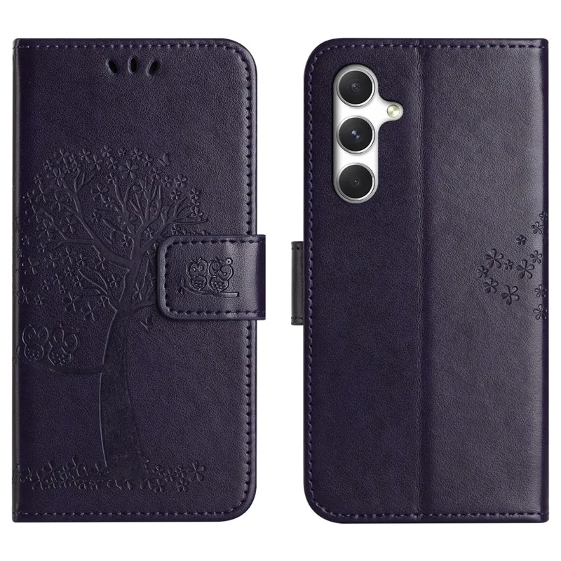 For Samsung Galaxy S26 Case PU Leather Owl Tree Imprinted Wallet Phone Cover with Strap - Dark Blue